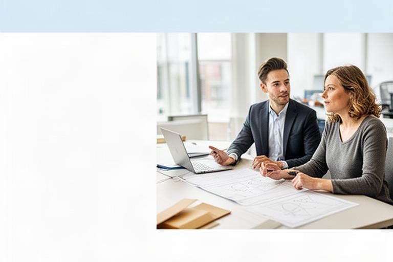 Commercieel adviseur bespreekt een technische offerte aan een bureau in een lichte B2B-werkruimte